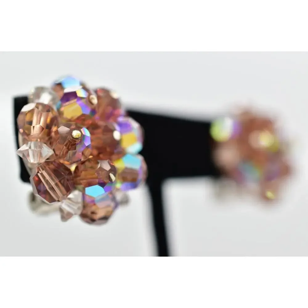 Laguna Vintage Clip On Crystal Earrings Champagne AB Cluster Signed 1950s A24